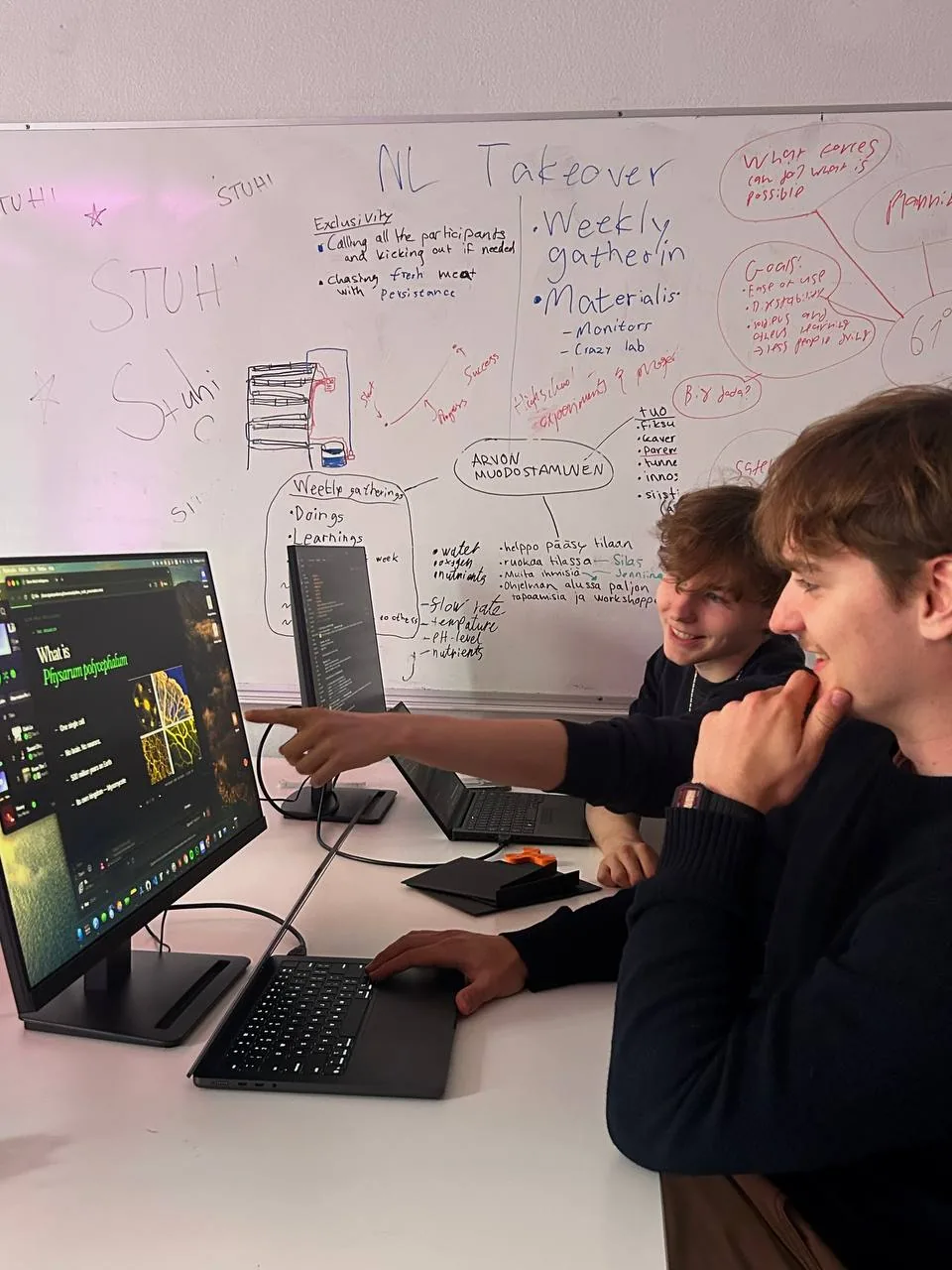 Two STUHI members working at the HQ in front of a whiteboard